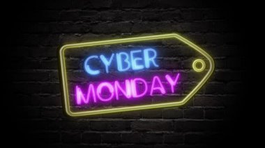 Siber Pazartesi animasyon neon ışığı tabelası, tuğla duvarda fiyat etiketi afişi. Reklam videosu için yanıp sönen neon ışıklı pankart. Satış ve geçiş izni kavramı.