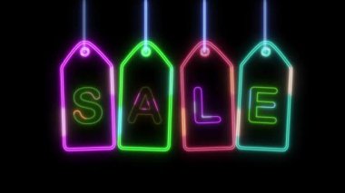 İndirimli neon ışıklı tabela, siyah arka planda fiyat etiketleri. Reklam videosu için yanıp sönen neon ışıklı pankart. Satış ve geçiş izni kavramı.