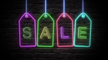 İndirimli neon ışıklı tabela, tuğla duvarda fiyat etiketleri. Reklam videosu için yanıp sönen neon ışıklı pankart. Satış ve geçiş izni kavramı.