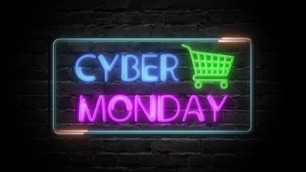 Кибер-понедельник анимация неоновая световая вывеска с корзиной на кирпичной стене. Продажный баннер в стиле неоновой вывески для промо-видео. Концепция продажи и оформления . — стоковое видео
