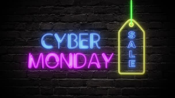 Cyber pondělní animace neonový světelný nápis, cenovka banner na cihlové zdi. Prodejní banner blikající neonový styl pro promo video. Pojem prodej a odprodej. — Stock video