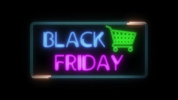 Zwarte vrijdag animatie neon licht bord met winkelwagentje op zwarte achtergrond. Sale banner knipperende neon teken stijl voor promo video. Begrip verkoop en vereffening. — Stockvideo
