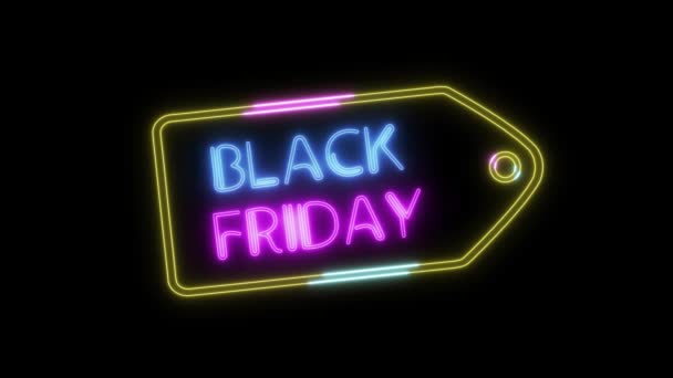 Black Friday animation neon light sign, price tag banner at black background . Sale banner blinking neon sign style for promo video. Concept of sale and clearance. — Stock Video