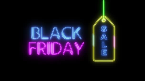 Zwarte vrijdag animatie neon licht teken, prijskaartje banner op zwarte achtergrond. Sale banner knipperende neon teken stijl voor promo video. Begrip verkoop en vereffening. — Stockvideo