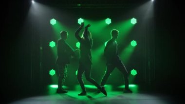 Yetenekli genç hip hop dansçılarının siluetleri. Karanlık bir stüdyoda, dumanlı ve neon ışıklı bir sahnede hip hop sokak dansı. Dinamik ışıklandırma efektleri. Yaratıcı yetenekler. Yavaş çekim.