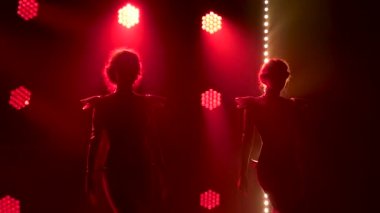 Karanlık bir stüdyoda, dumanlı ve neon ışıklı dans eden genç kadınların siluetleri. Parlak neon ışık efektleri. Yaratıcı kostümler. Şatafatlı Tiyatro Gösterisi Ses ve Dans Gösterisi.