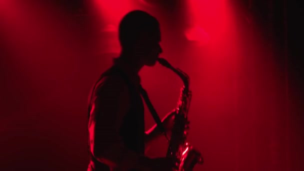 Silhouette spielt ein junger, stylischer Typ das goldglänzende Saxofon in den bunten Scheinwerfern auf der Bühne. Dunkles Studio mit Rauch und Neonlicht. Dynamische Neonlichteffekte. Aus nächster Nähe. Seitenansicht. — Stockvideo