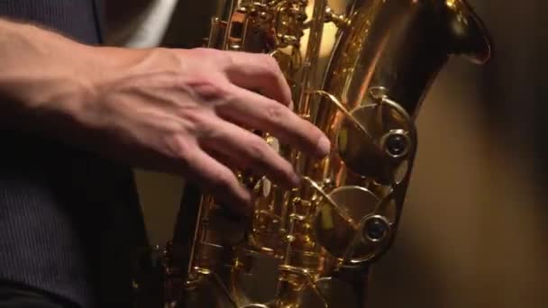 Musicien professionnel doigté touches jouant saxophone doré brillant sur scène. Studio sombre avec fumée et néon. Gros plan. — Video