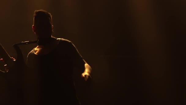 Silhouette du jeune homme jouant de la guitare électrique sur scène dans un studio sombre avec de la fumée et de l'éclairage au néon. Effet lumineux néon dynamique. Performance vocale et orchestre musical. Gros plan. — Video