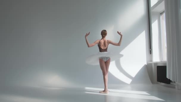 Ballerina die met haar rug staat voert met haar handen sierlijke bewegingen uit. Ballet les in een ruime en lichte zaal in de buurt van het panoramische raam. Witte achtergrond. — Stockvideo