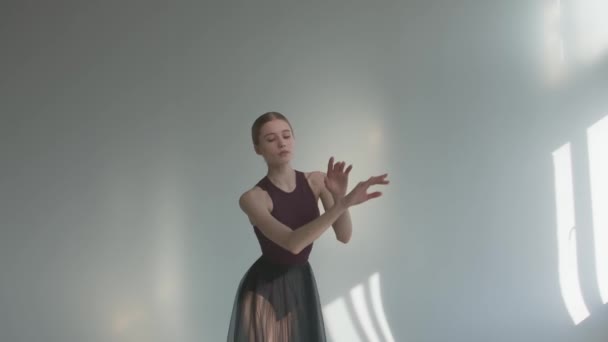 Ballerinaen udfører glatte bevægelser med hænderne i generalprøven. Udførelse i et studie badet i sollys. Tæt på. – Stock-video