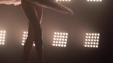 Sivri uçlu ayakkabılı bir balerin bacakları. Genç bir kız karanlıkta arka planda ışık ve dumanla klasik pas dansı yapıyor. Kapat..