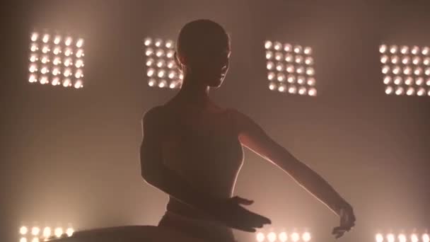 Degelijke jonge sierlijke ballerina dansende elementen van klassiek ballet in het donker met licht en rook op de achtergrond. Slank silhouet. Sluiten.. — Stockvideo