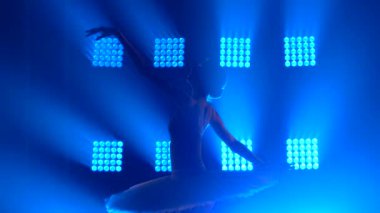 Klasik bir balerin sahnede prova yapıyor. Beyaz Kuğu Partisi. Mavi spot ışıkları altında genç ve zarif bir kızın siluetleri. Kapatın. Yavaş çekim.