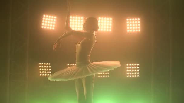 Professional ballerina dancing ballet in spotlights and smoke on big stage. Slim silhouette of a beautiful young girl wearing white tutu dress on floodlights background. Close up. — Stock Video