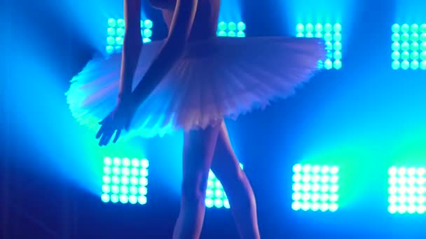 轮廓优美的芭蕾舞演员的舞蹈元素古典芭蕾舞在黑暗中与蓝光和烟雾的背景。靠近点. — 图库视频影像