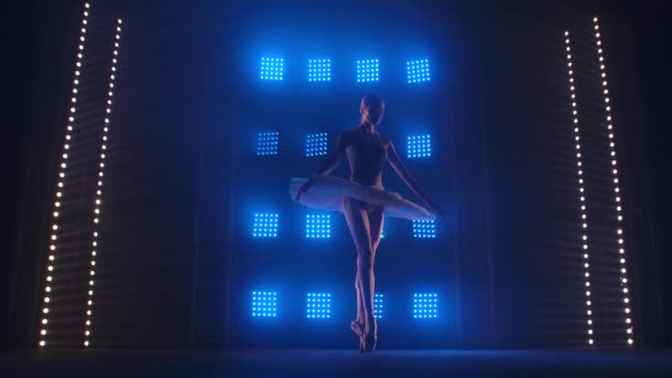 Jolie danseuse de ballet dansant gracieusement. Répétition du ballet avant la représentation. Ballerine fait des pas de danse dans le costume de scène. Silhouette. Studio sombre avec fumée et néon bleu. — Video