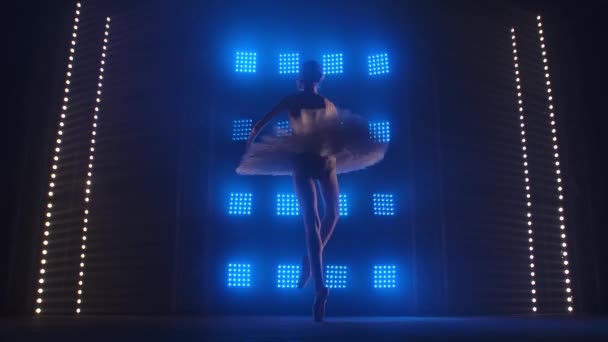 Pretty ballet dancer gracefully dancing. Ballet rehearsal before the performance. Ballerina does pirouette in the stage costume. Silhouette. Dark studio with smoke and blue neon lighting. — Stock Video