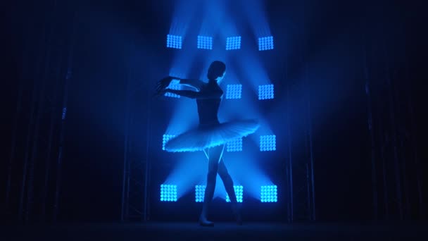 Una bailarina de ballet clásica ensayando en el escenario. Fiesta del cisne blanco. Siluetas de una joven elegante en los focos azules. — Vídeo de stock