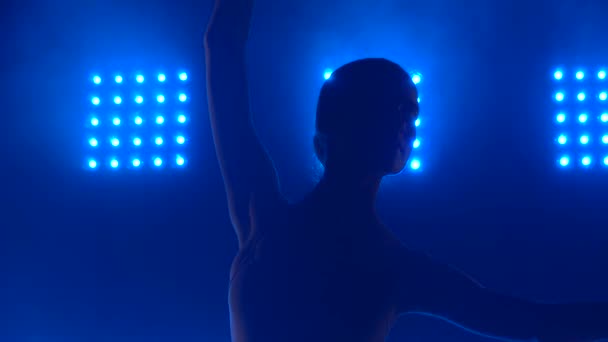 Pretty ballet dancer gracefully dancing. Ballet rehearsal before the performance. Silhouette of a beautiful slim figure. Dark studio with smoke and blue neon lighting.Close up. Slow motion. — Stock Video