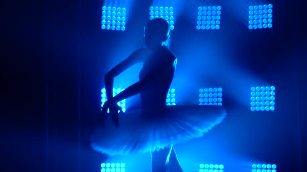 一个古典芭蕾舞演员在舞台上排练.白天鹅的派对。在蓝色聚光灯下，一个年轻优雅的女孩的轮廓。靠近点慢动作. — 图库视频影像
