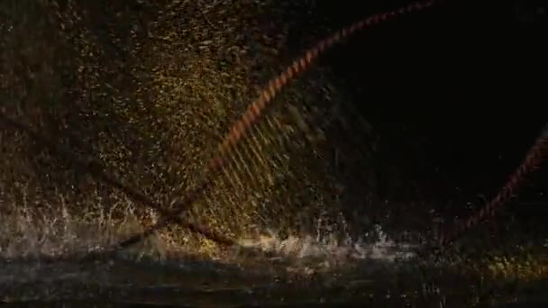 Die Kampfseile schlugen auf der Wasseroberfläche auf und verursachten viele Spritzer. Die Tropfen leuchten im Studiolicht vor schwarzem Hintergrund. Seitenansicht. Zeitlupe. Nahaufnahme. — Stockvideo