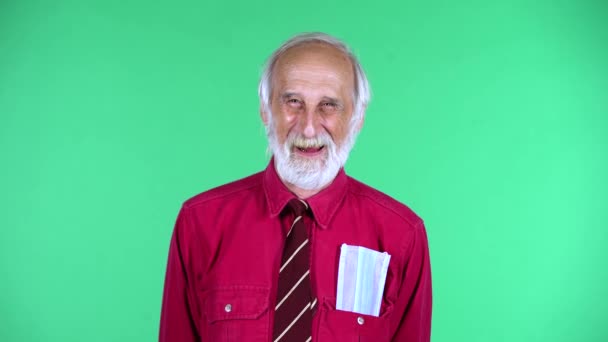 Portrait of happy old aged man 70s looking at camera with sincere kind smile, isolated over green background. — Stock Video