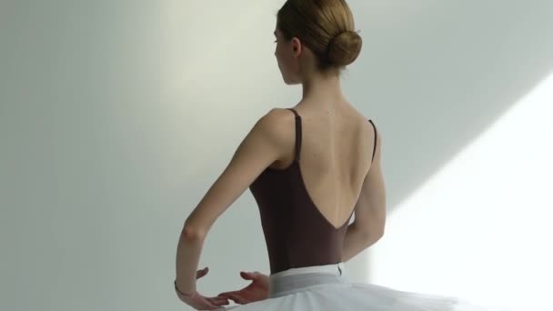 Porträt einer sanften jungen Ballerina, die sanfte klassische Ballettbewegungen ausführt. Gedreht in einem hell erleuchteten Studio. Aus nächster Nähe. Zeitlupe. — Stockvideo