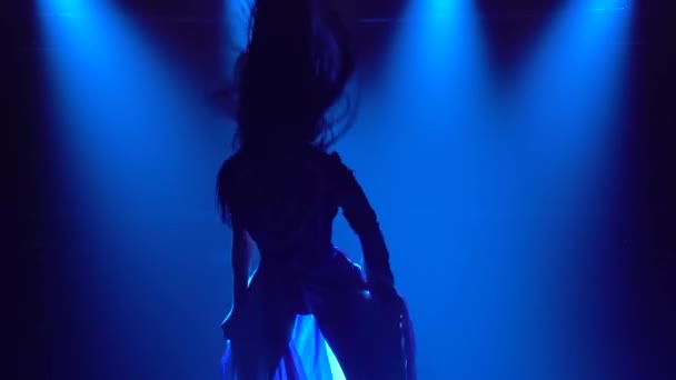 Silhueta de uma menina dançando em um estúdio escuro com fumaça e luzes de néon azul. Morena atraente em um terno sexy na cor da bandeira inglesa e strass. Show de dança feminina contemporânea. — Vídeo de Stock