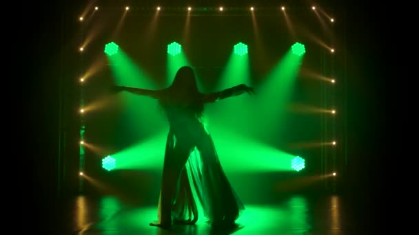 Slender high girl passionately dancing in dark studio with smoke and green neon lights. Silhouette attractive brunette in a sexy suit in the color of the English flag and rhinestones. — Stock Video