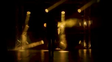 Siluet çekici kadın Yunan tanrıçası elbisesi ve çelengi ile dans ediyor. Uzun saçlı ve kırmızı dudaklı genç, seksi esmer. Neon ışık efektleri ve duman. Yavaş çekim.