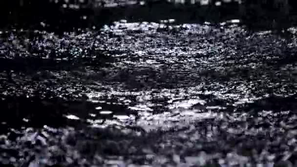 水の光沢のある表面に雨滴の大きな滴。白いネオンの照明効果を持つ暗いスタジオで撮影。スローモーション。閉じろ!. — ストック動画