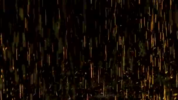 Ström regn med gula blanka droppar. På en svart bakgrund. Närbild. Långsamma rörelser. — Stockvideo