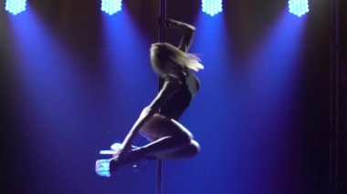 Genç, narin bir kadın, bir direğin üzerinde dönüp numaralar yapıyor. Duman ve neon ışıklarıyla sahnede güzel bir striptizci kadın. Siluet. Kapat..