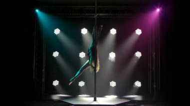 İç çamaşırlı, yapay elmaslı ve yüksek topuklu esmer bir kadın direğin üzerinde dans ediyor. Karanlık bir stüdyoda duman ve neon ışıklarla yapılan erotik bir dans. Siluet.