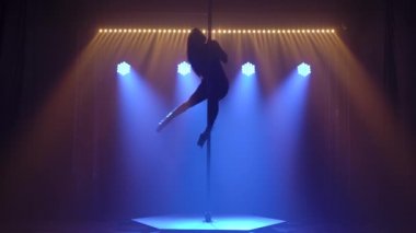 Uzun saçlı, atletik seksi genç bir kadın direğin tepesinde baş aşağı dönüyor ve akrobatik bir numara yapıyor. Sıska, çekici bir kadın mavi neon ışıkların altında siluetlendi. Yavaş çekim.