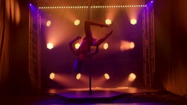 Dansçı direğin üzerinde dans ediyor. Genç, narin bir kadın elleriyle kavrar, bacaklarını ve gövdesini kaldırır, direğin etrafında döner. Güzel bir stüdyo ışığında siluetler.