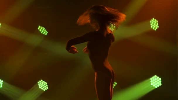 女人们在烟雾弥漫的舞台上跳着现代舞,舞台上有聚光灯.时尚或当代舞蹈。在黑暗舞台上表演的年轻舞蹈演员. — 图库视频影像