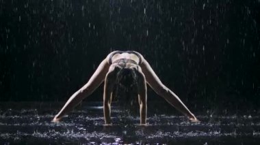 Yağmurdan ıslanmış ince bir kadın karanlık bir stüdyoda yoga yapıyor. Seksi vücut stüdyo ışıklarında parlayan su damlacıklarıyla kaplıdır. Siyah arka plan. Yavaş çekim.