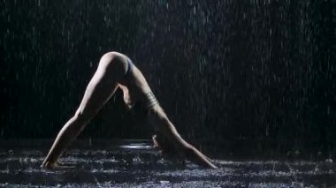 Yukarıya doğru, yağmur damlalarıyla çevrili ince bir kadın tarafından yapılan köpek yogası pozisyonu. Seksi vücut stüdyo ışıklarında parlayan su damlacıklarıyla kaplıdır. Siyah arka plan. Yavaş çekim.