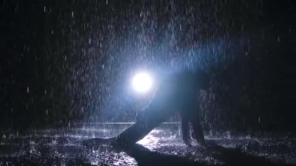 Una mujer se silueta bajo corrientes de lluvia que está haciendo los ataques de ejercicio. Estudio oscuro y proyectores de neón brillantes. La superficie del agua brilla y ondulaciones. Movimiento lento. — Vídeo de stock