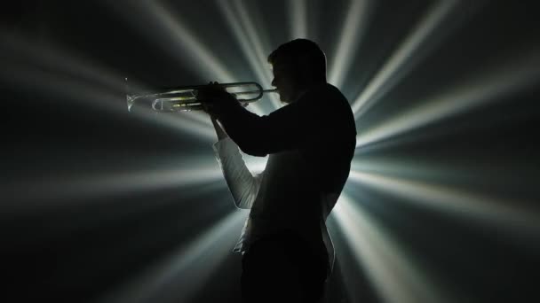 Solo uitvoering van de melodie op de trompet. Een zwart silhouet van een man tegen een achtergrond van witte spots. Langzame beweging. Sluiten.. — Stockvideo