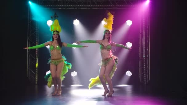 两名年轻貌美的女子穿着巴西嘉年华服装跳舞。女舞蹈演员在黑暗的演播室里表演，她们穿着暴露的服装，头戴羽毛头饰。慢动作. — 图库视频影像