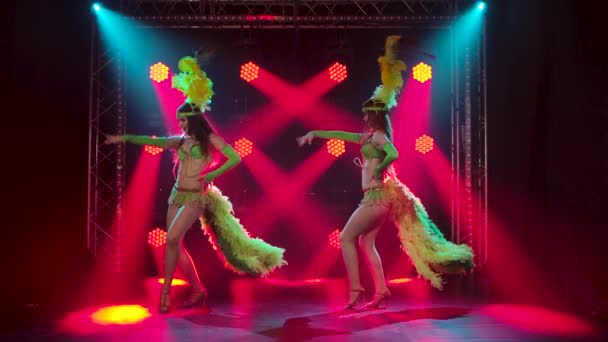 Dos jóvenes atractivas están bailando con disfraces de carnaval brasileño. Las bailarinas en trajes reveladores y tocados con plumas actúan en un estudio oscuro. Movimiento lento. — Vídeo de stock