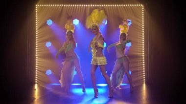 Ateşli kadın dansçılar üçlüsü Brezilya karnaval kostümleriyle dans ediyor. Dinamik neon ışıkları olan tiyatro kadın dans gösterisi. Yavaş çekim.