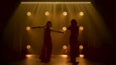 Siyah dumanlı bir stüdyoda dans eden ve pelerinlerini sallayan iki kadının siluetleri. Tiyatro kadın dans gösterisi. Yavaş çekim.