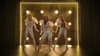 Genç kadınlar seksi dar kostümler içinde dans ediyorlar. Uzun saçlı genç seksi dansçılar. Parlak makyaj ve kırmızı dudaklar. Neon ışık efektleri ve duman. Modern tiyatro dans gösterisi. Yavaş çekim.