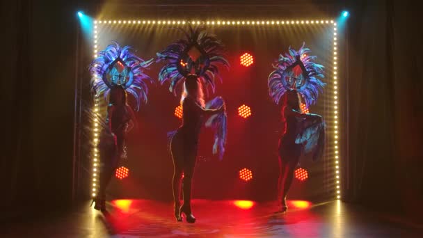 Silhouettes de jeunes femmes charmantes en costumes de carnaval brésilien bleu, chapeaux et éventails de plumes dansant en studio. Spectacle de danse pour femmes sur fond de néons rouges. Mouvement lent. — Video