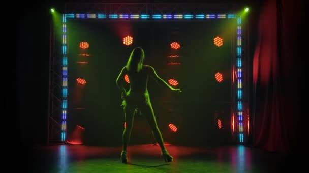 Jovem mulher sexy ir dançar dançarina incendiário dançando em um estúdio escuro. Silhueta de um corpo feminino contra um contexto de luzes de néon brilhantes. Movimento lento. — Vídeo de Stock