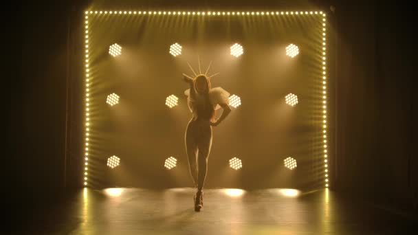 Schoonheid hete model vrouw dansen in ultraviolet neon lichten in de studio. Mooie sexy jonge vrouw met perfect slank lichaam dansen in de Go Go Dance nachtclub. Het nachtleven. Silhouet. Langzame beweging. — Stockvideo